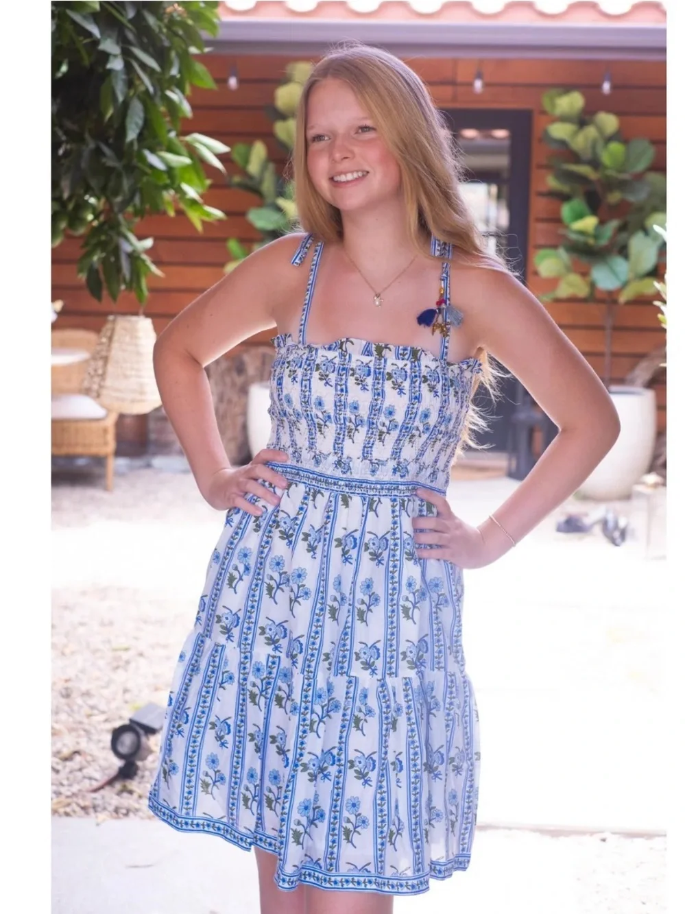 Girls Samantha Blue Floral Tie-Shoulder Dress